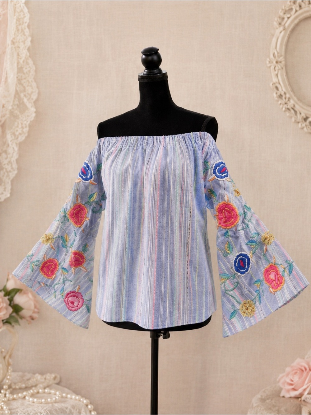 Boston Proper Purchase Brand “FLONT” Floral Embroidered Off-Shoulder Blouse